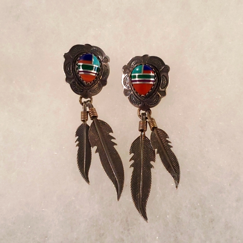 925 Silver QT Quoc Turquoise Feather Dangle Southwest Earrings